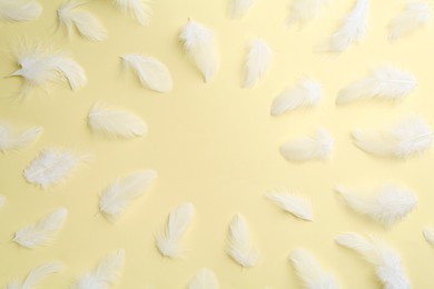 Photo of Beautiful fluffy feathers on beige background, flat lay