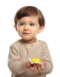 Photo of Cute little child with tasty mochi on white background