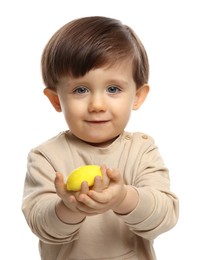 Photo of Cute little child with tasty mochi on white background