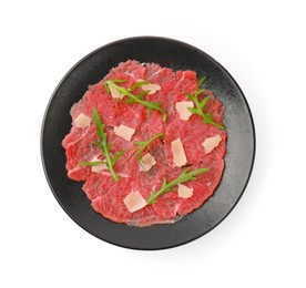 Fresh beef carpaccio with arugula and cheese isolated on white, top view