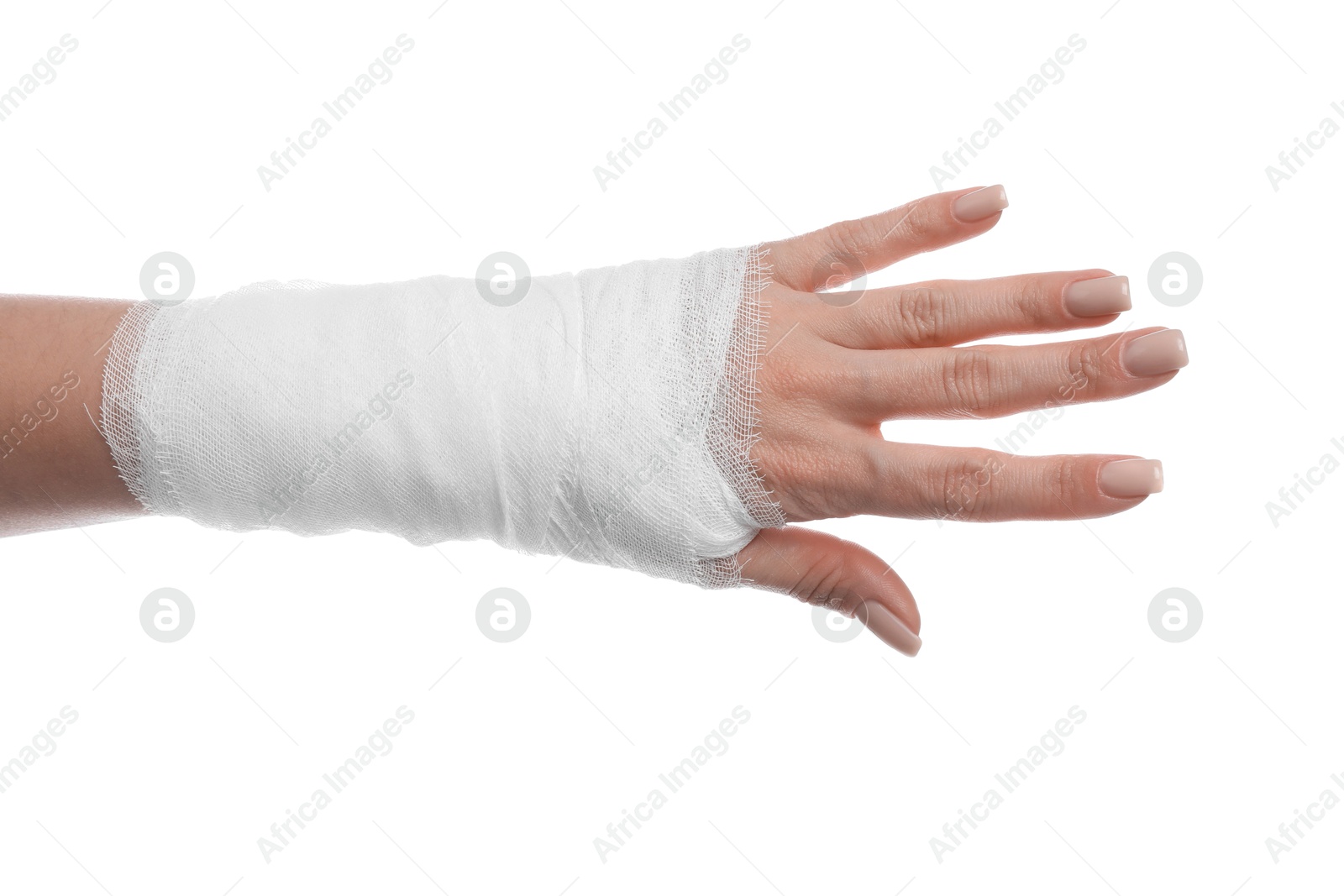 Photo of Woman with medical bandage on wrist against white background, closeup