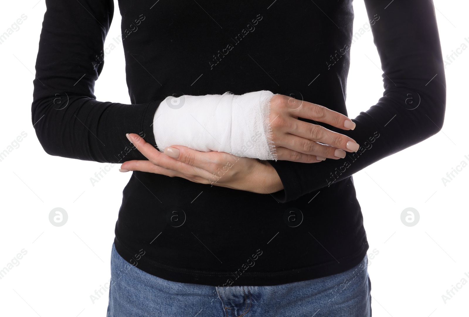 Photo of Woman with medical bandage on wrist against white background, closeup