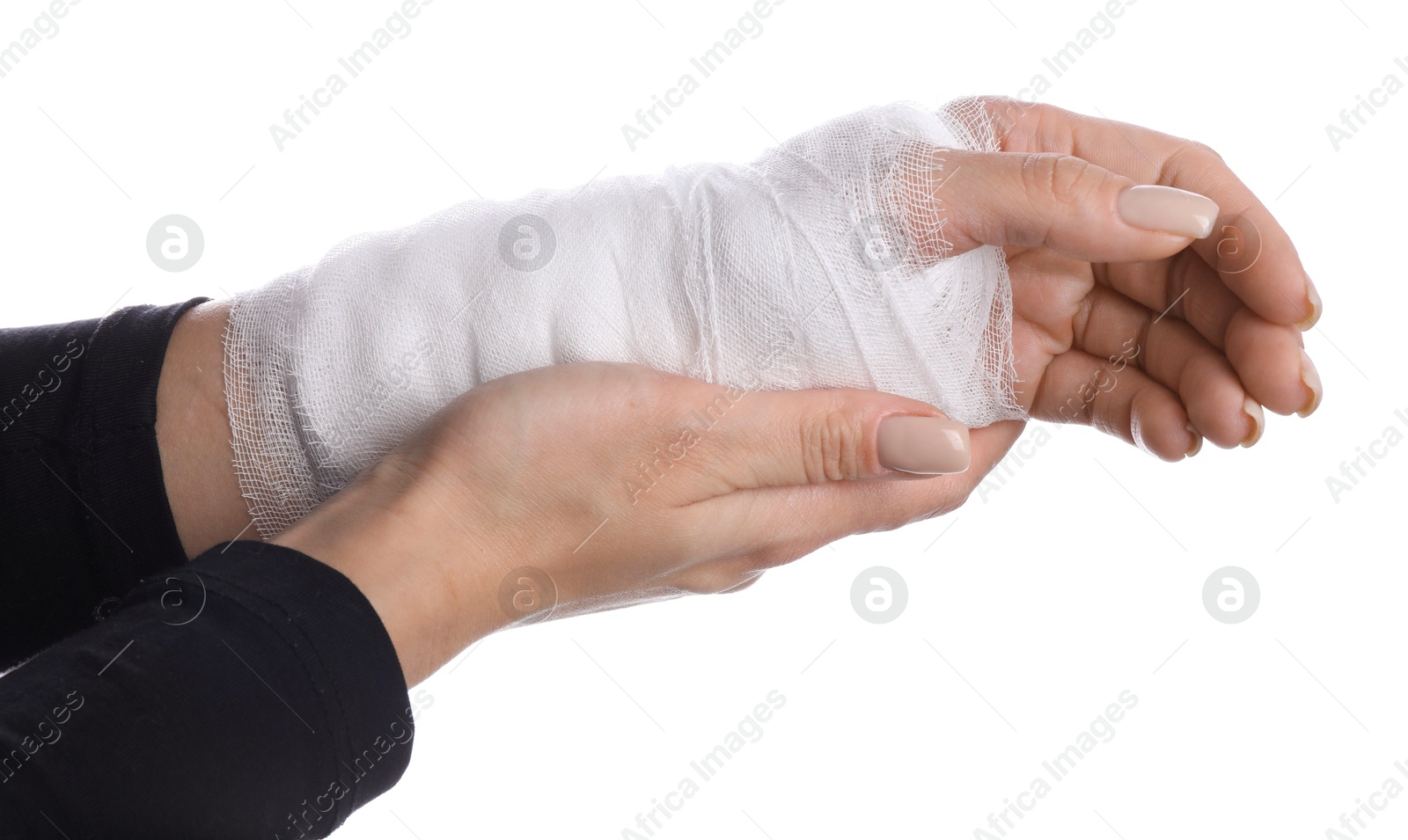 Photo of Woman with medical bandage on wrist against white background, closeup