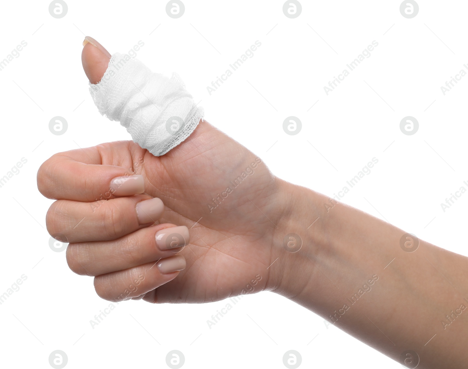 Photo of Woman with medical bandage on finger showing thumbs up against white background, closeup