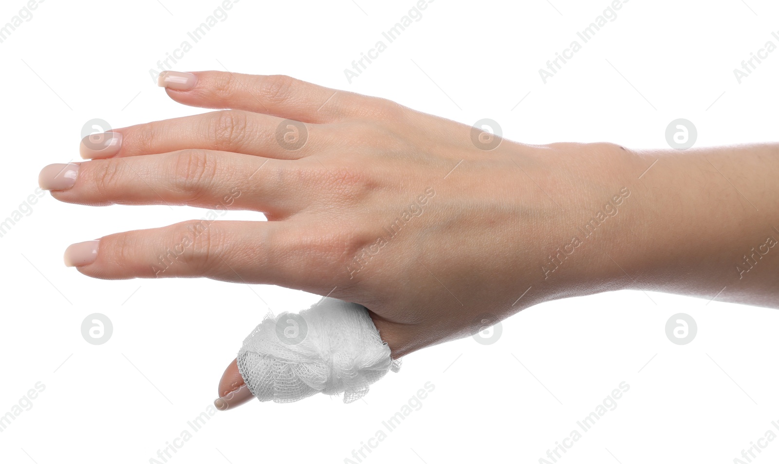 Photo of Woman with medical bandage on finger against white background, closeup