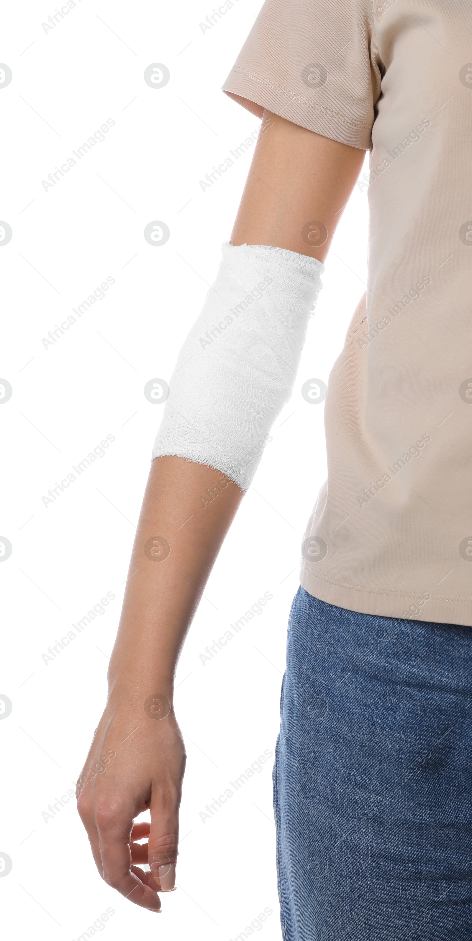 Photo of Woman with medical bandage on elbow against white background, closeup