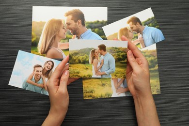 Photo of Woman with different photos at black wooden table, top view