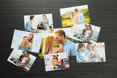 Photo of Different family photos on black wooden table, flat lay