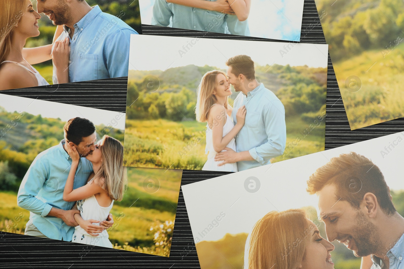 Photo of Different family photos on black wooden table, flat lay