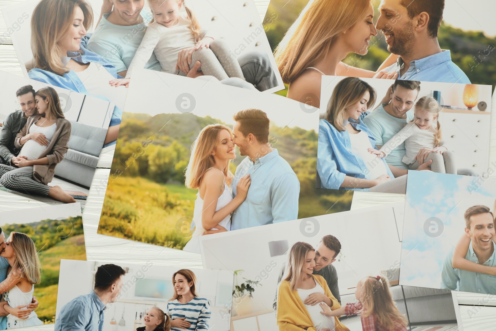 Photo of Different family photos on white wooden table, flat lay