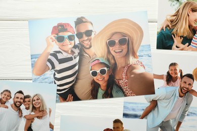 Photo of Different family photos on white wooden table, flat lay