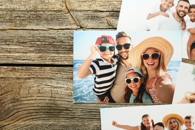 Photo of Different family photos on wooden table, flat lay. Space for text