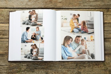 Photo of Different photos in open photo album on wooden table, top view