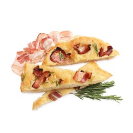 Photo of Slices of delicious focaccia bread with bacon and rosemary isolated on white, top view