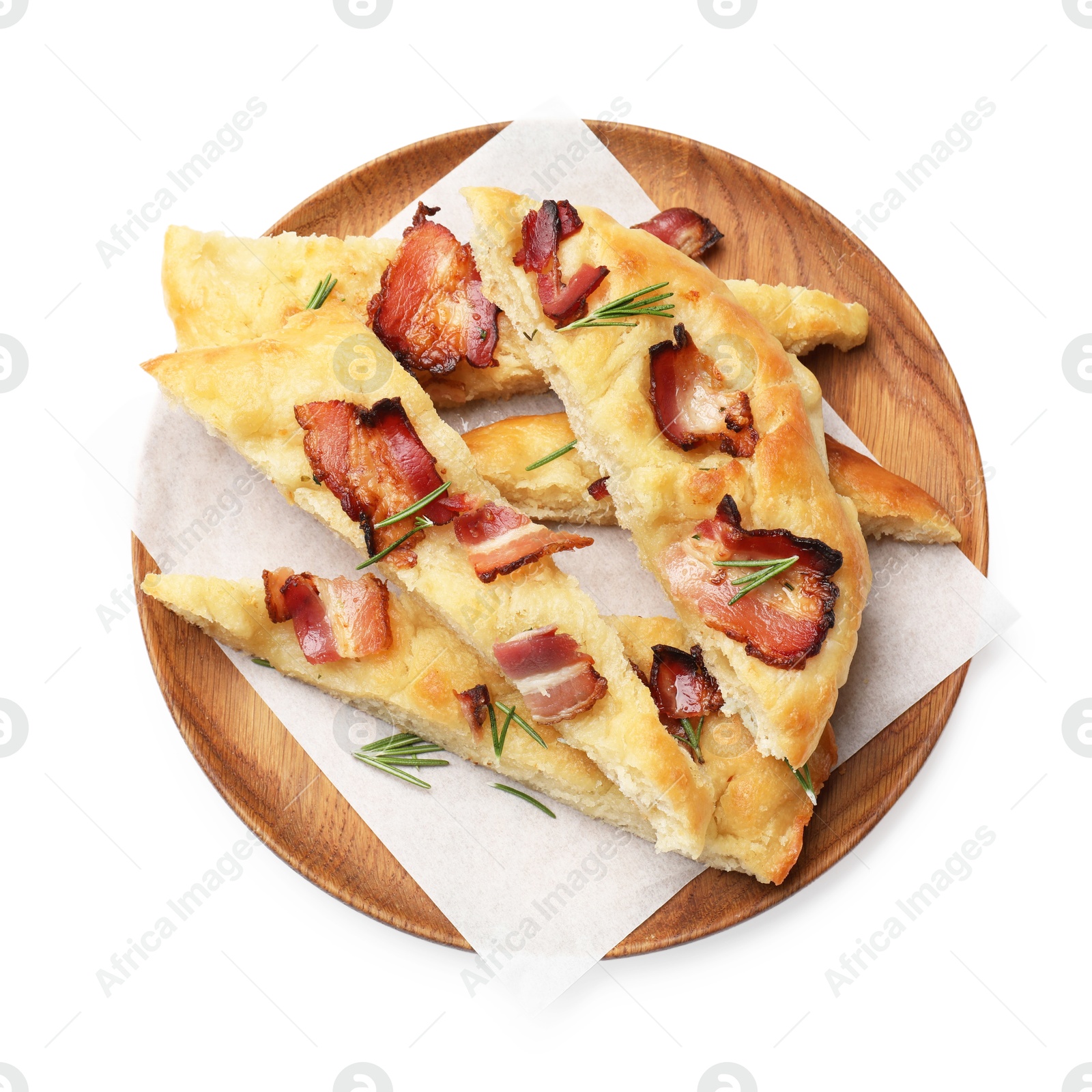 Photo of Slices of delicious focaccia bread with bacon and rosemary isolated on white, top view