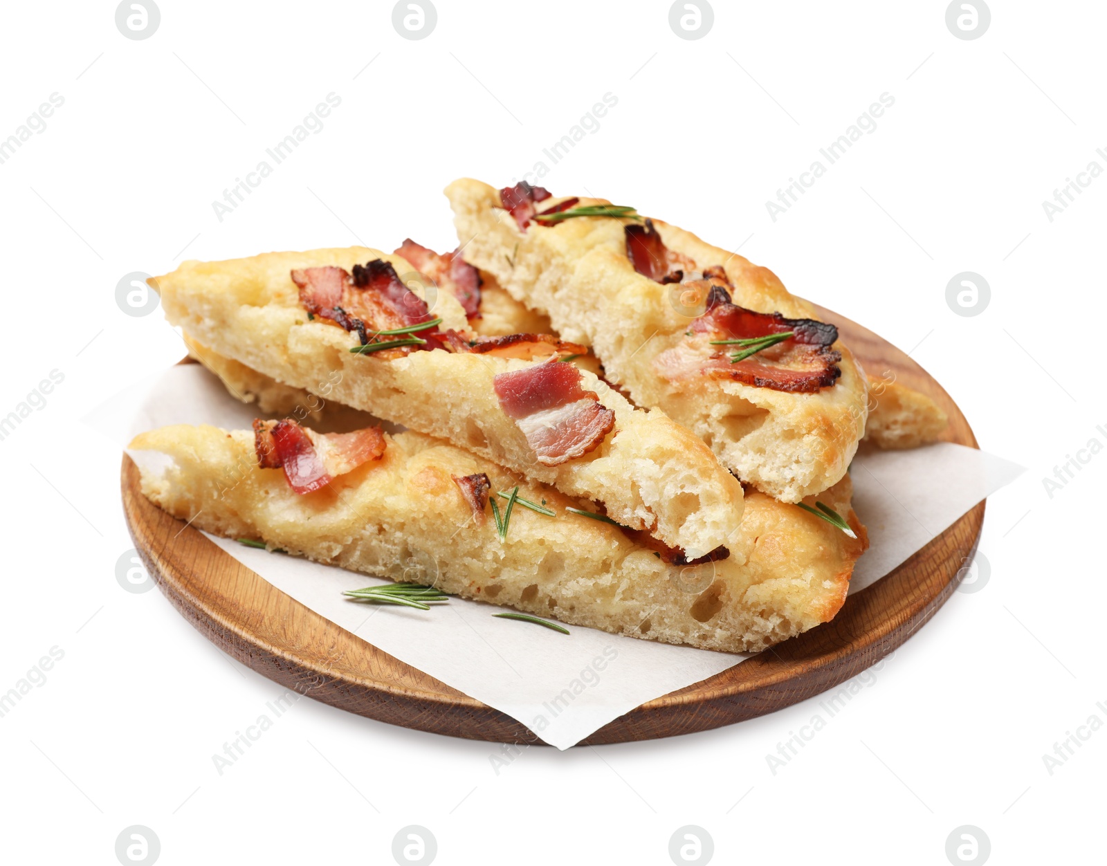 Photo of Slices of delicious focaccia bread with bacon and rosemary isolated on white