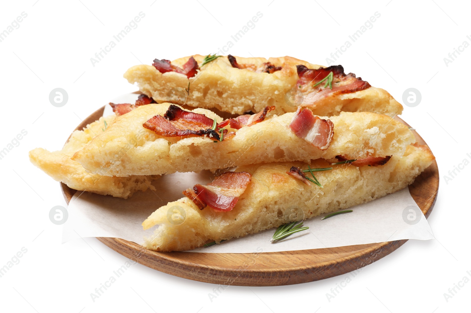 Photo of Slices of delicious focaccia bread with bacon and rosemary isolated on white