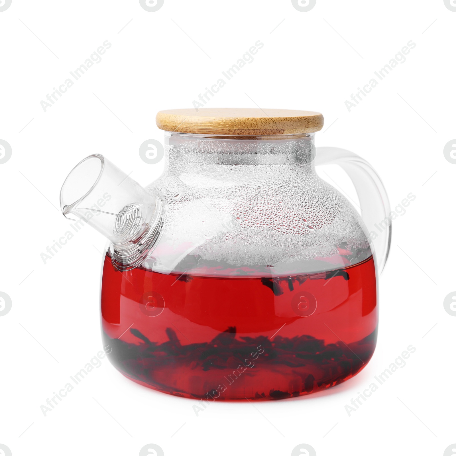 Photo of Tasty hibiscus tea in teapot isolated on white