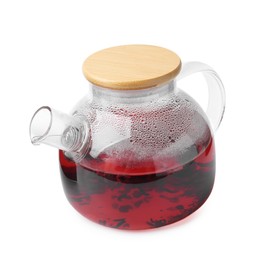 Photo of Tasty hibiscus tea in teapot isolated on white