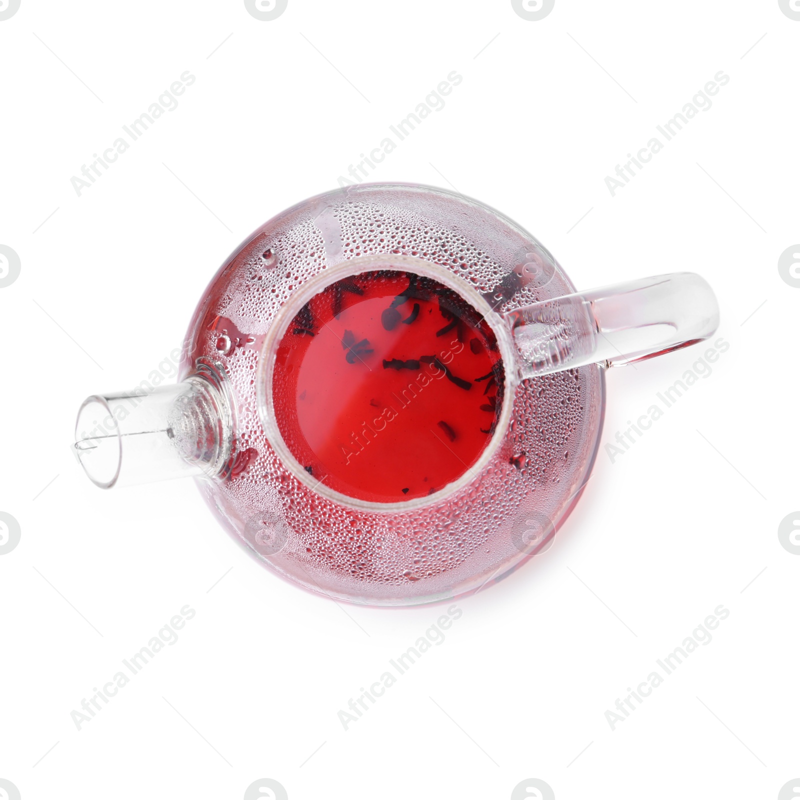 Photo of Tasty hibiscus tea in glass cup isolated on white, top view