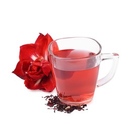 Photo of Tasty hibiscus tea in glass cup and flower isolated on white