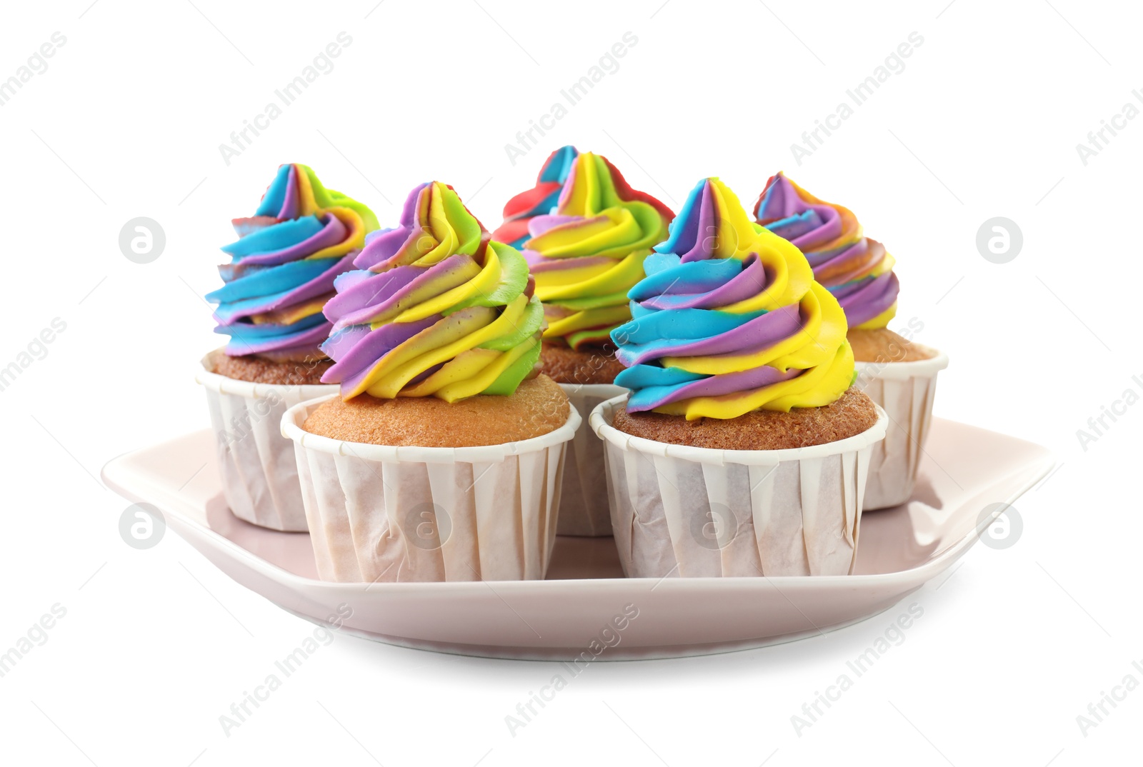 Photo of Tasty cupcakes with colorful cream isolated on white