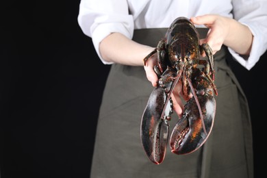 Photo of Woman with raw lobster on black background, closeup. Space for text