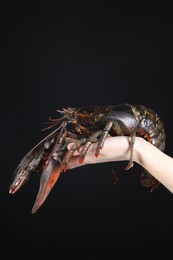 Photo of Woman with raw lobster on black background, closeup