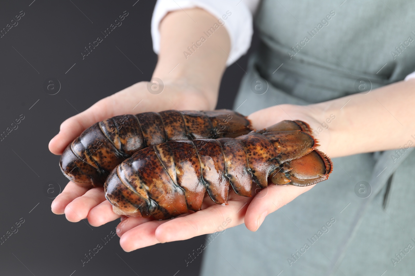 Photo of Woman with raw lobster tails on dark grey background, closeup