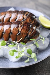 Raw lobster tails with microgreens, lime and ice on table, closeup