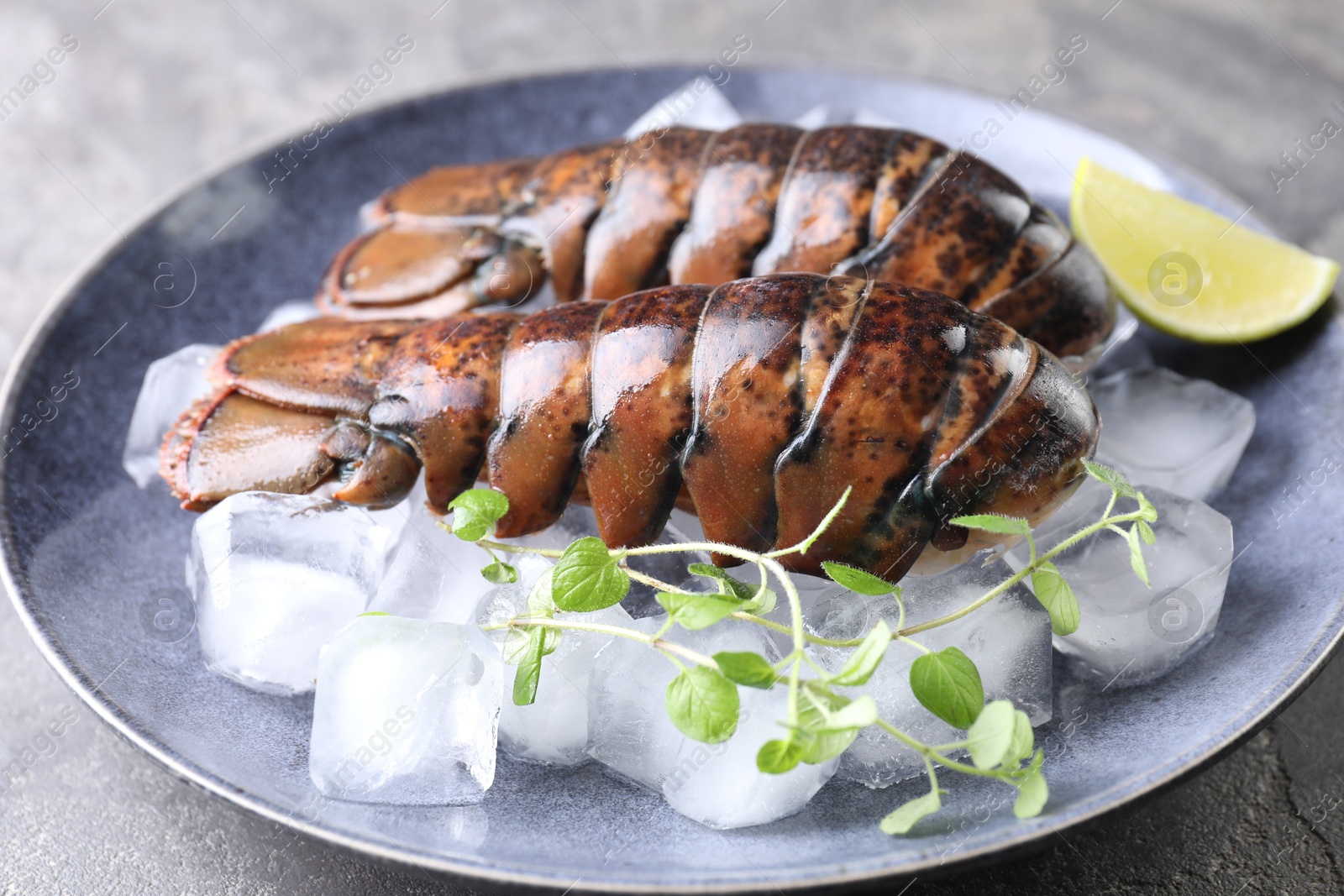 Photo of Raw lobster tails with microgreens, lime and ice on table, closeup