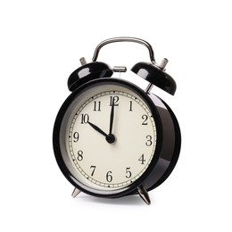 Photo of One black alarm clock isolated on white