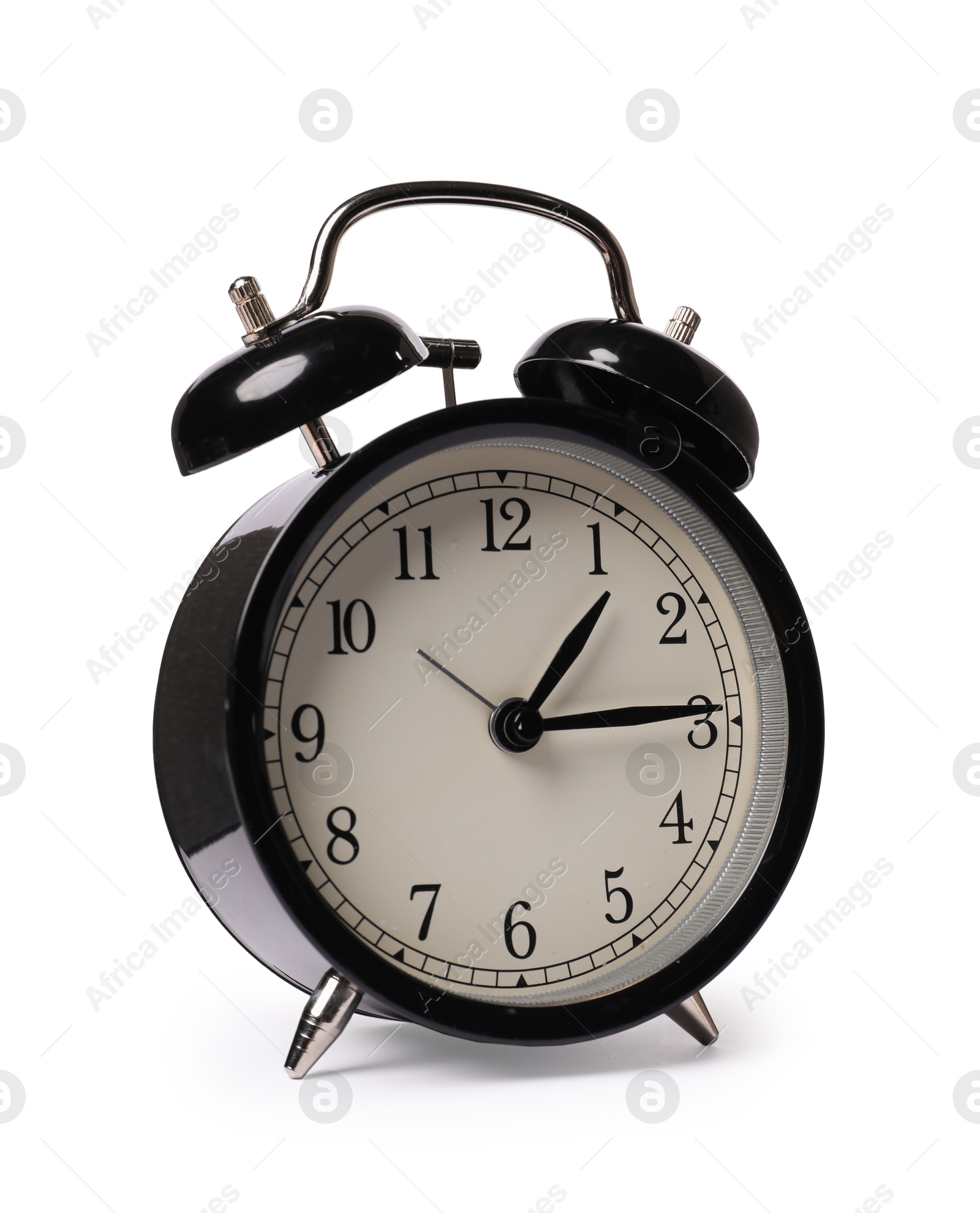 Photo of One black alarm clock isolated on white