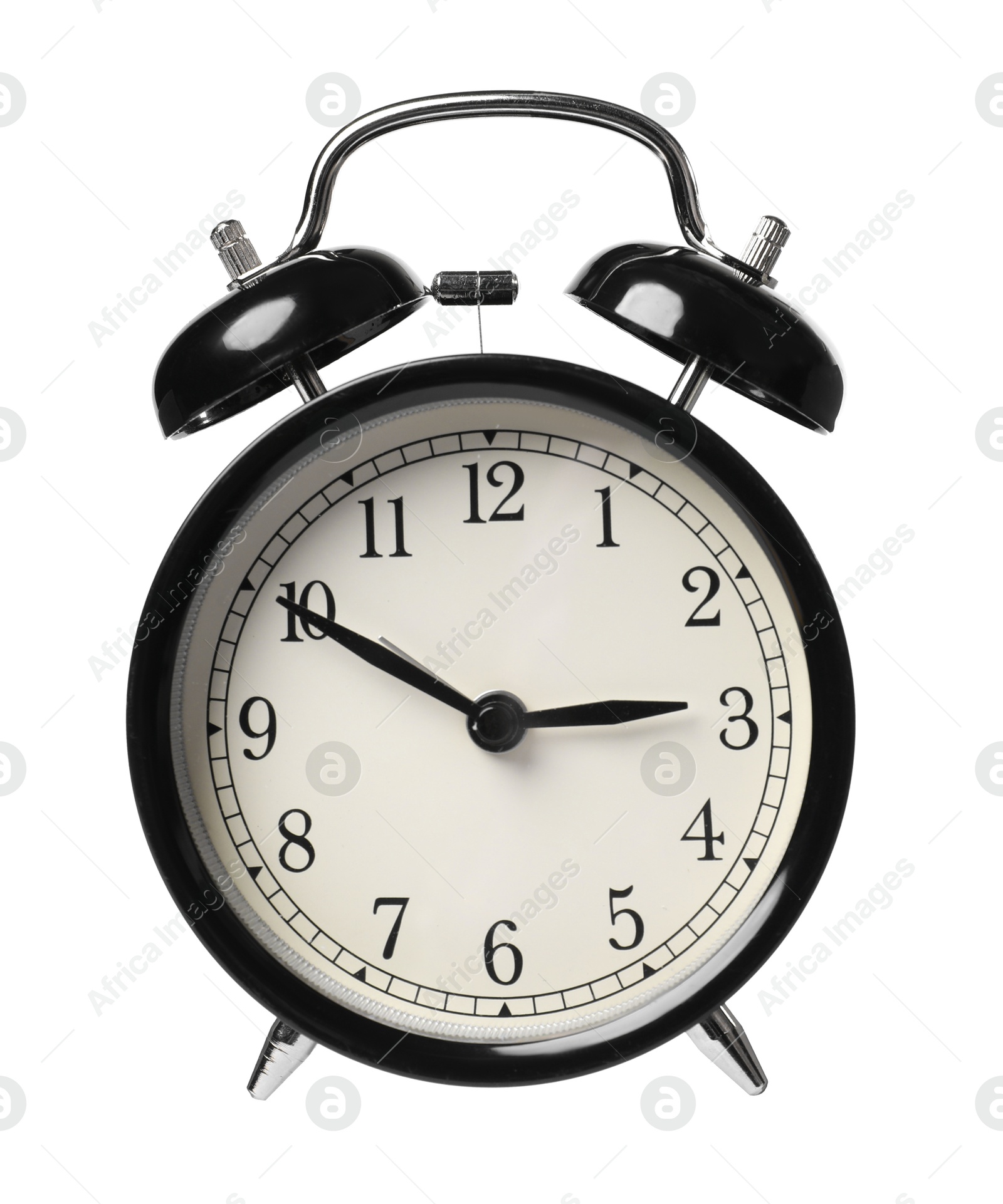 Photo of One black alarm clock in air isolated on white