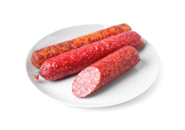 Photo of Many different smoked sausages isolated on white