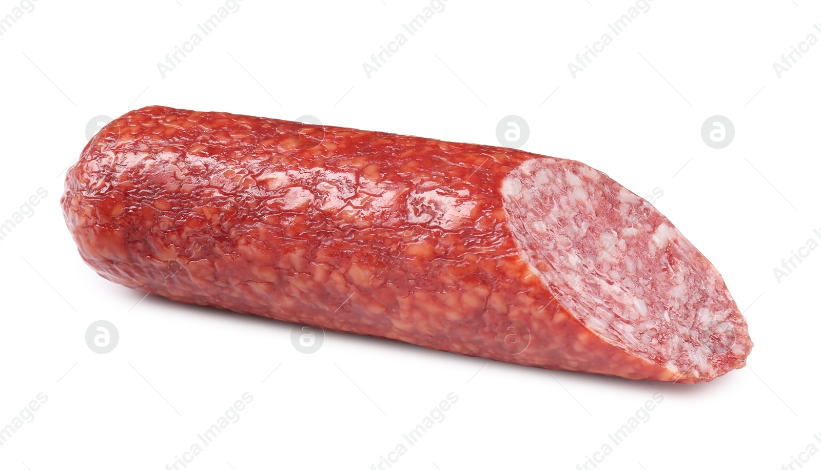 Photo of Piece of delicious smoked sausage isolated on white