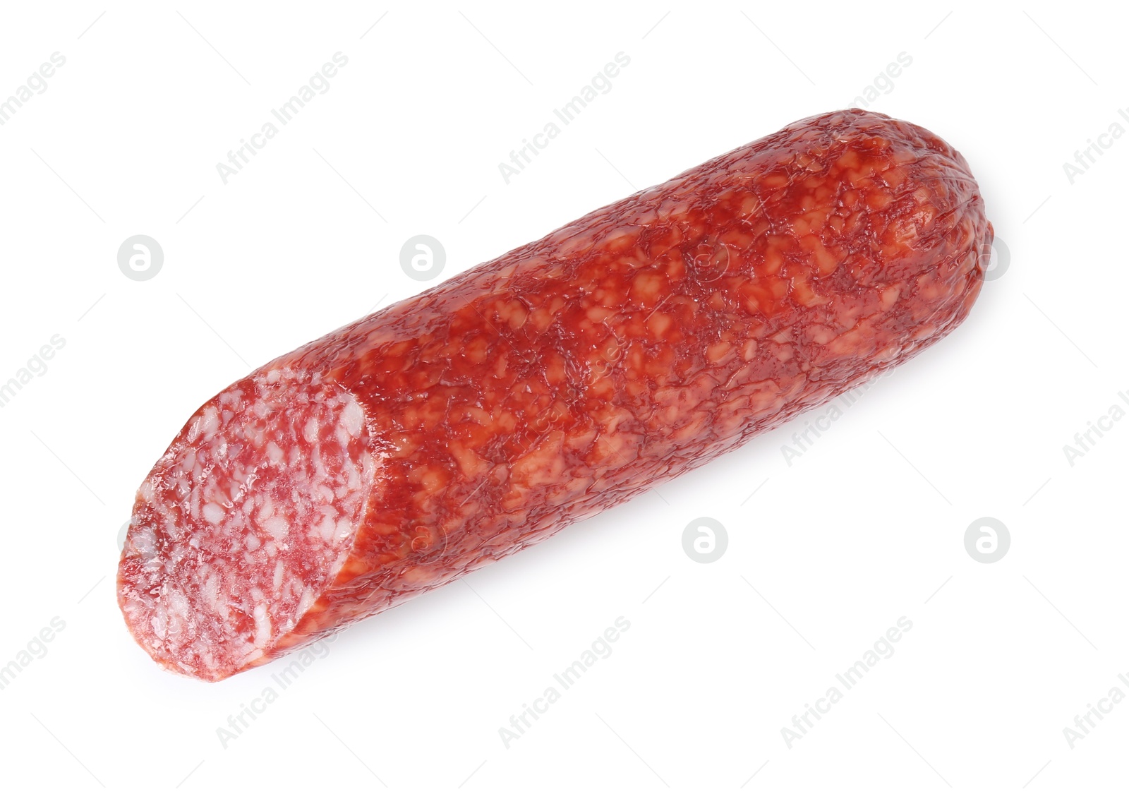 Photo of Piece of delicious smoked sausage isolated on white, top view