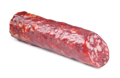 Photo of Piece of delicious dry cured sausage isolated on white