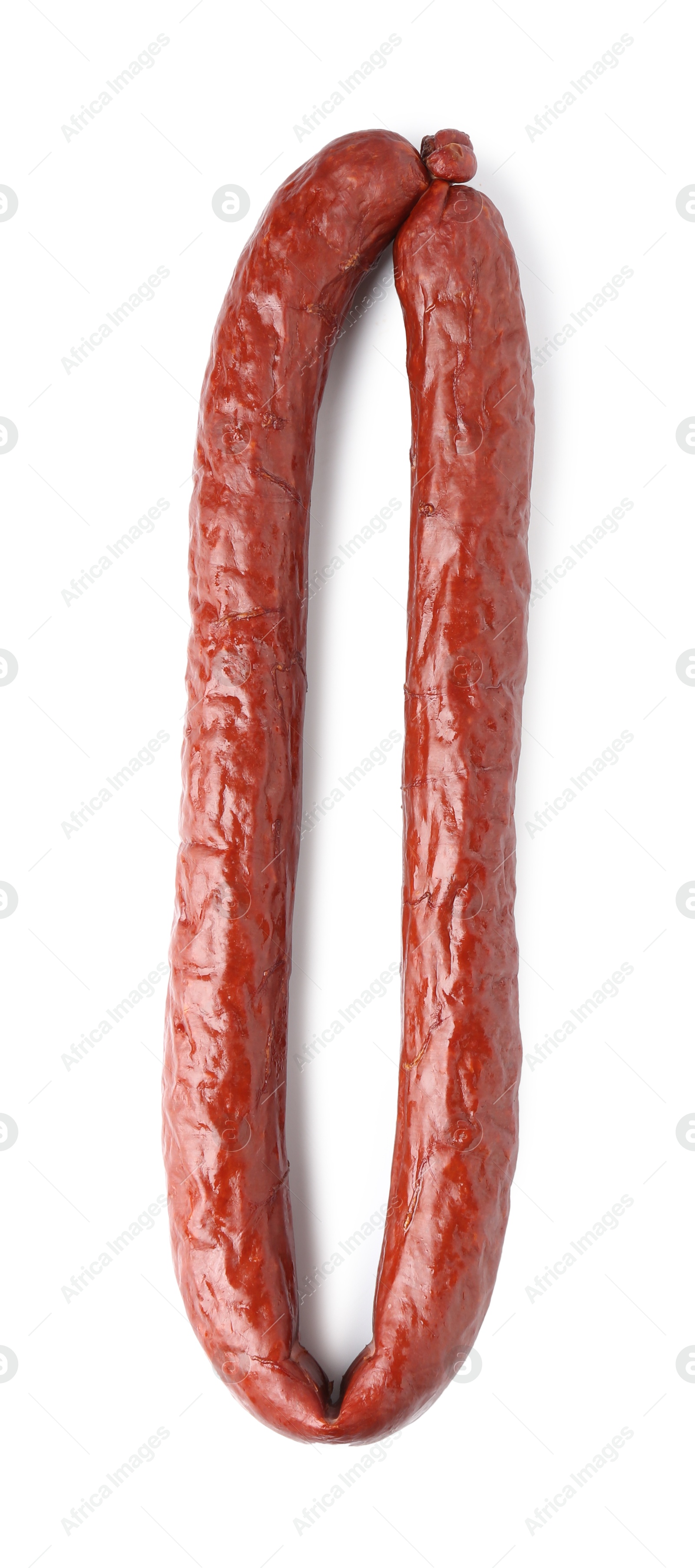 Photo of Delicious thin smoked sausage isolated on white, top view