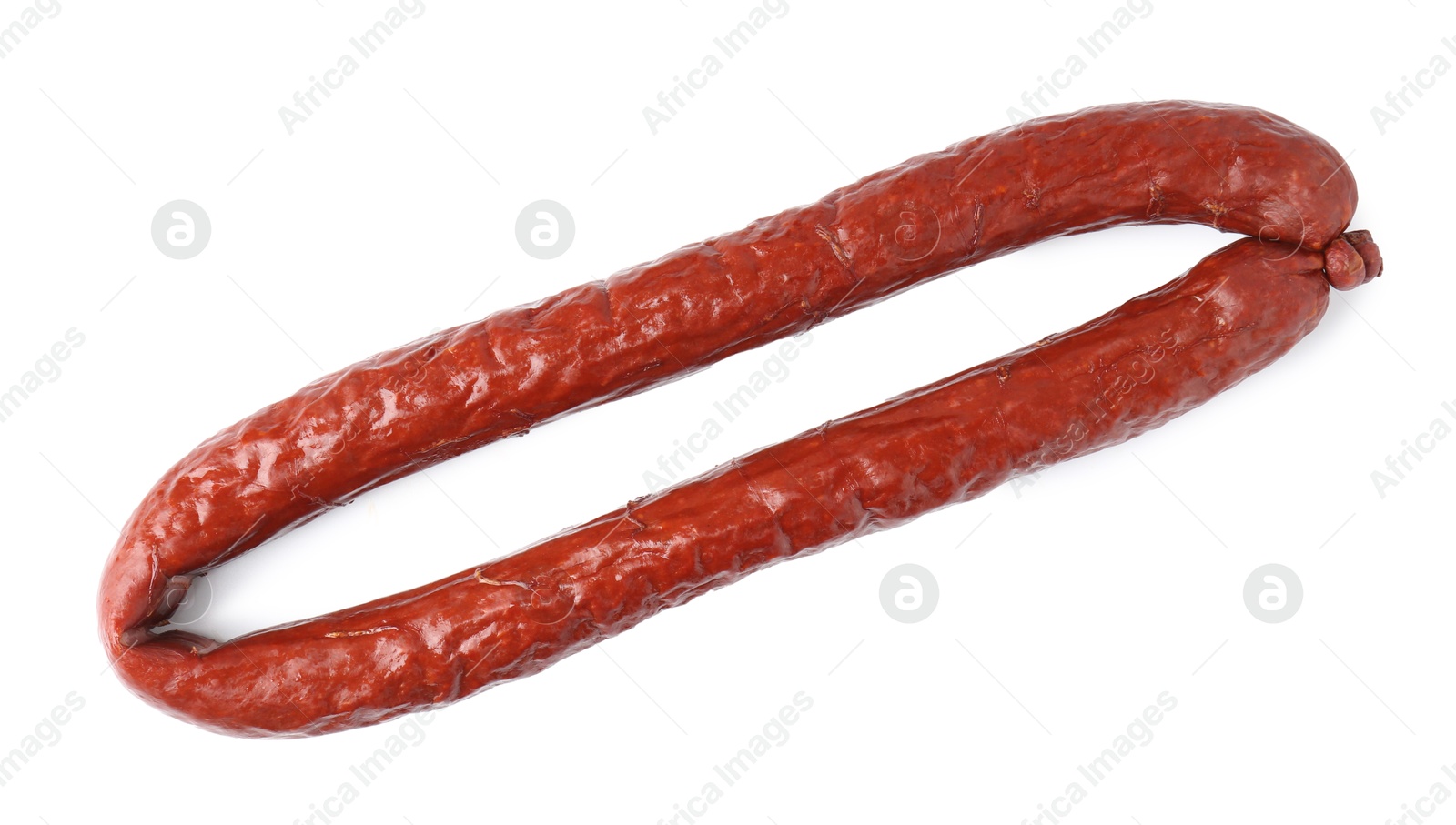 Photo of Delicious thin smoked sausage isolated on white, top view