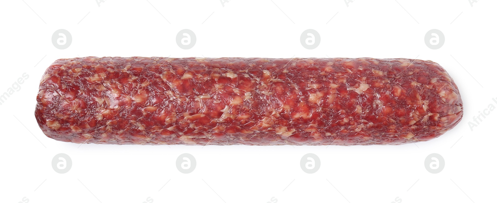 Photo of Delicious dry cured sausage isolated on white, top view