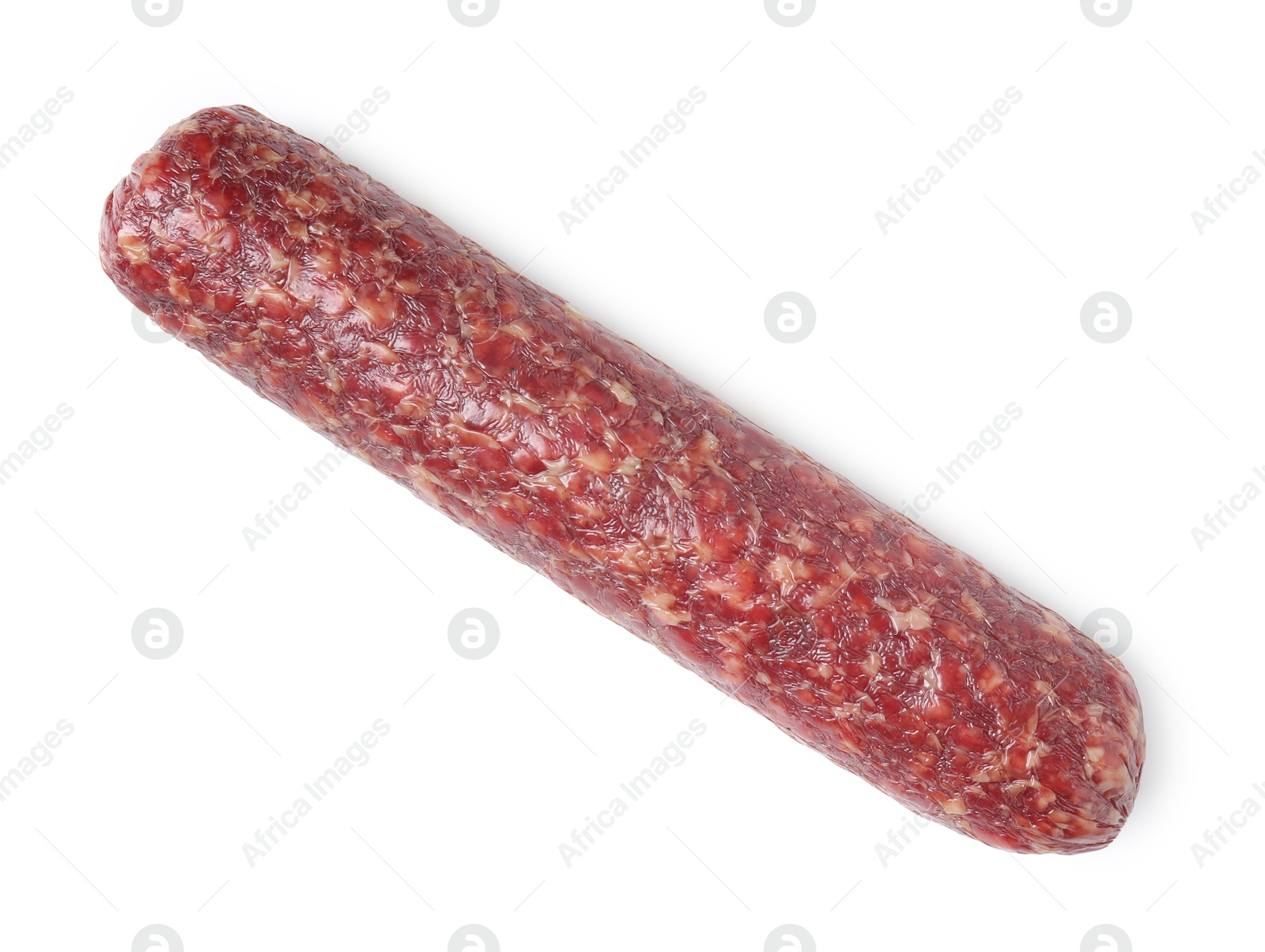 Photo of Delicious dry cured sausage isolated on white, top view