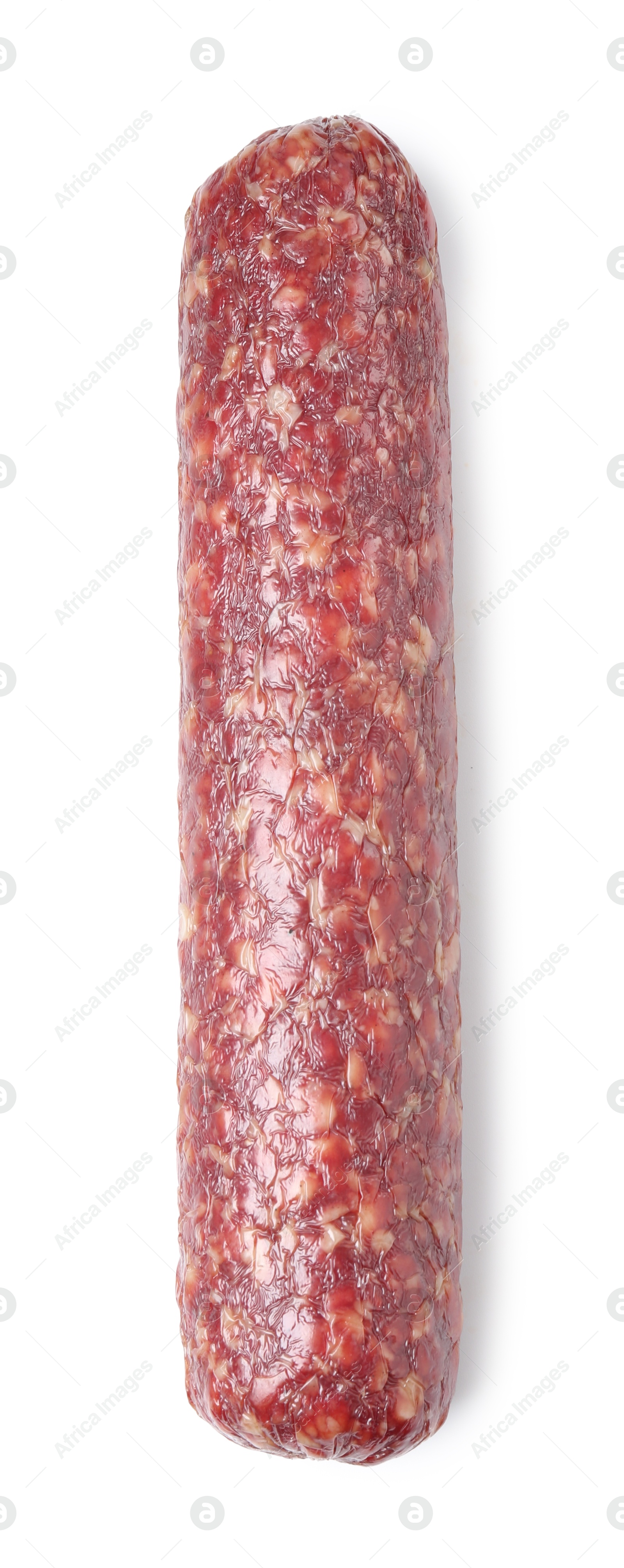 Photo of Delicious dry cured sausage isolated on white, top view