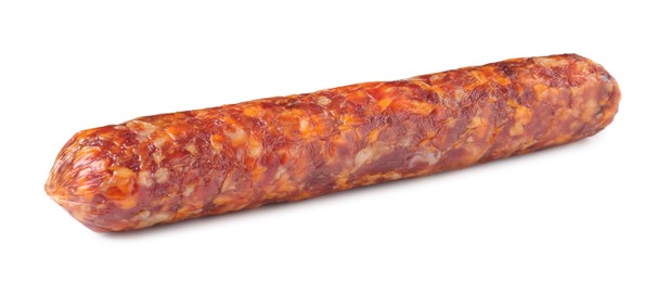 Photo of Delicious dry cured sausage isolated on white