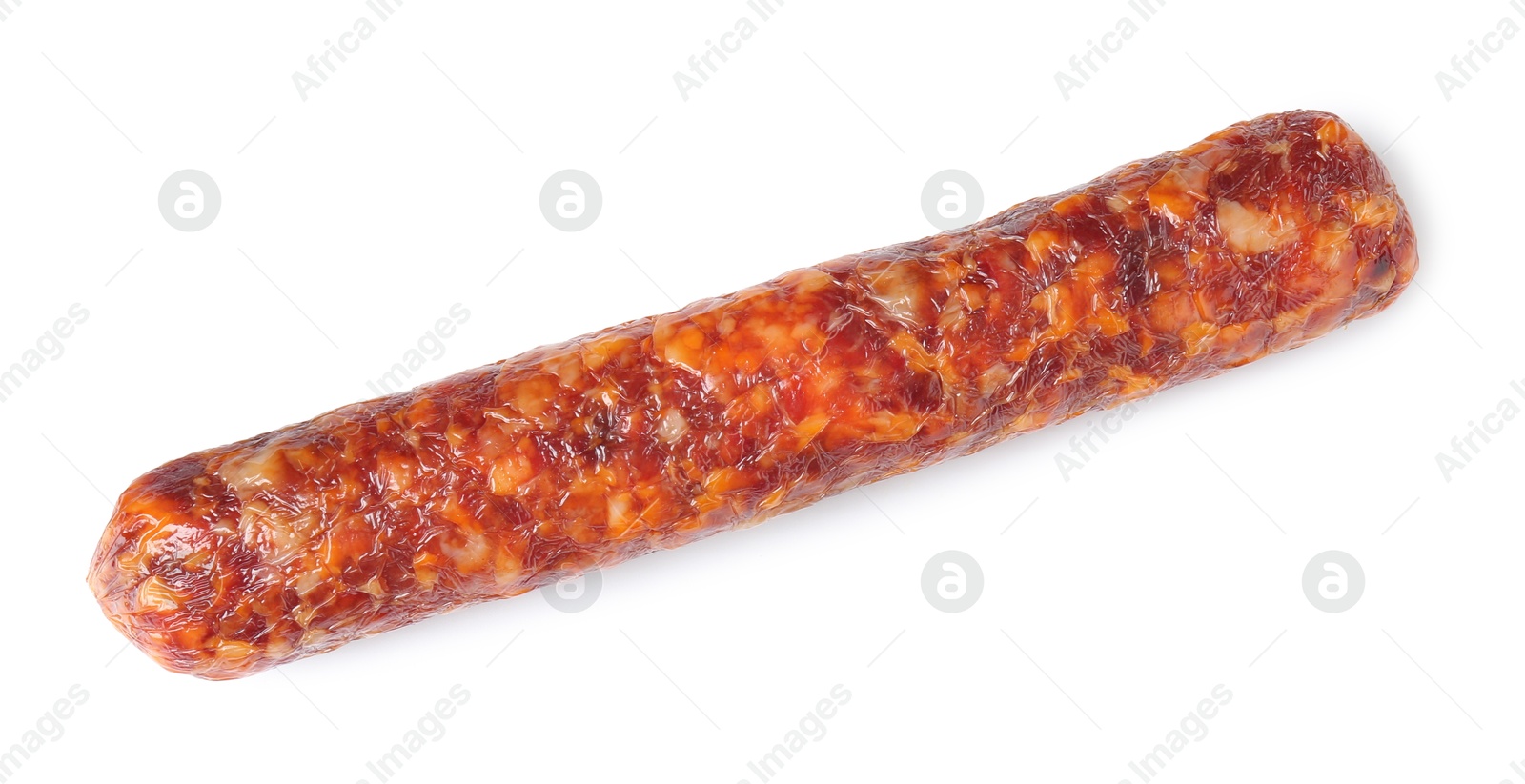 Photo of Delicious dry cured sausage isolated on white, top view