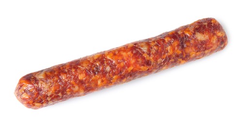 Photo of Delicious dry cured sausage isolated on white, top view