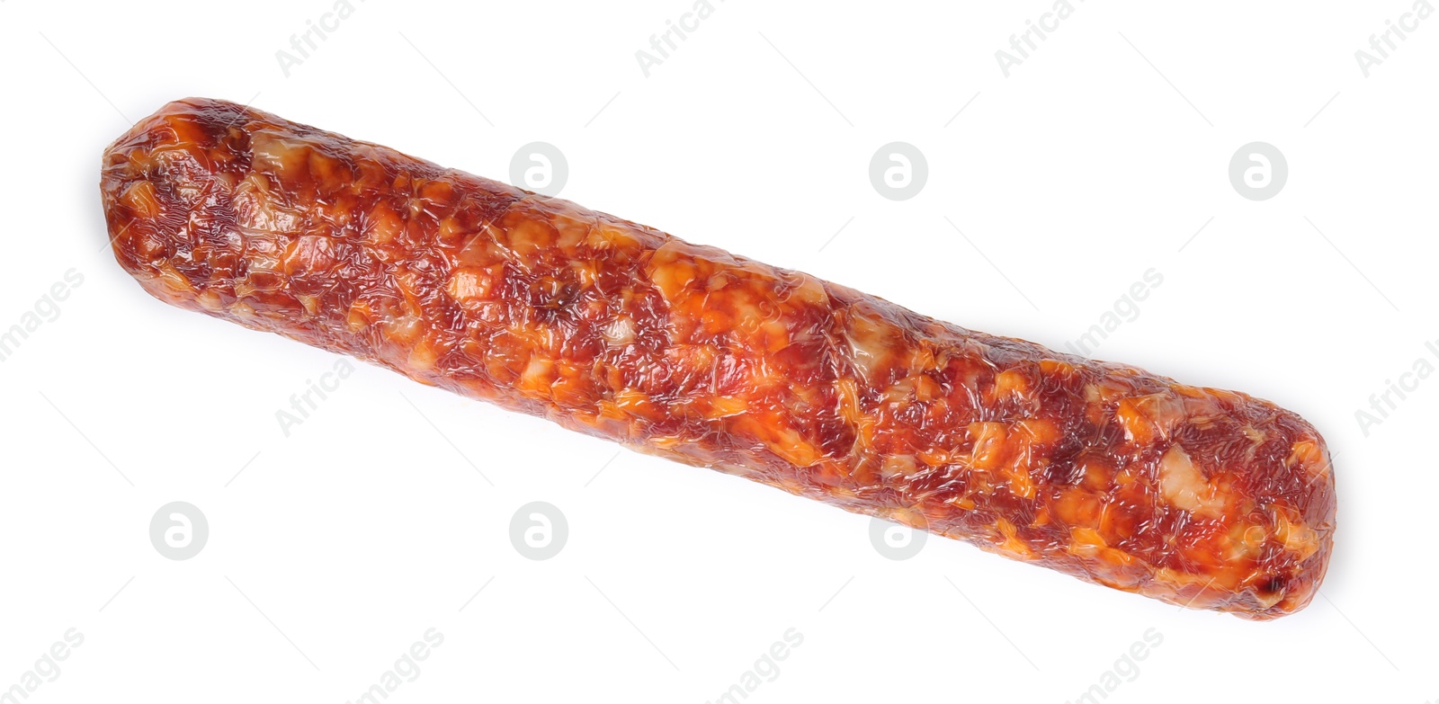 Photo of Delicious dry cured sausage isolated on white, top view