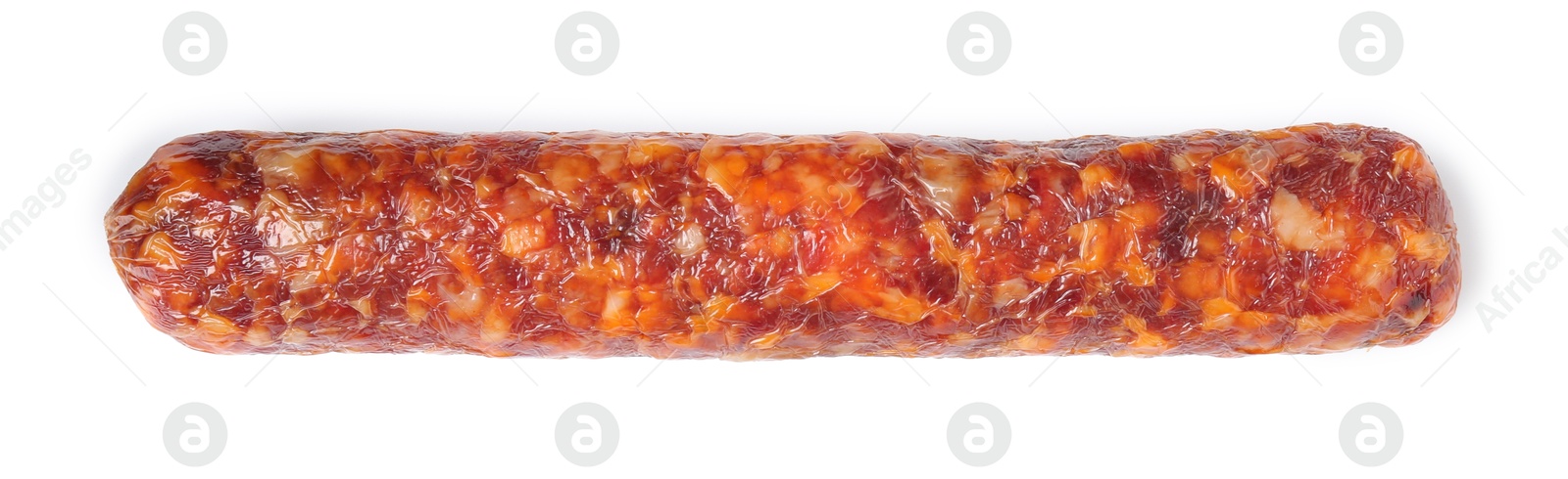 Photo of Delicious dry cured sausage isolated on white, top view