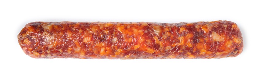 Photo of Delicious dry cured sausage isolated on white, top view