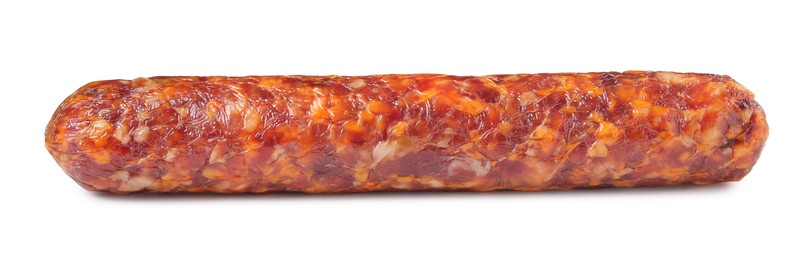 Photo of Delicious dry cured sausage isolated on white